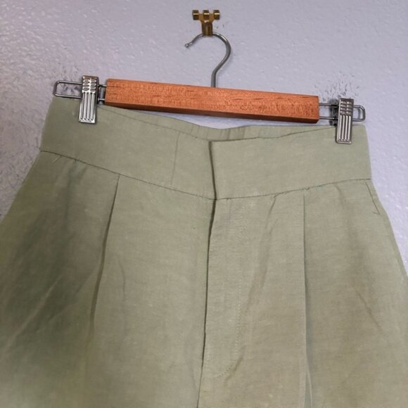 Zara Womens Light Green Linen Blend High Waist Pleated Shorts Retro Inspired - Picture 4 of 12